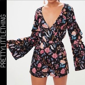 Pretty Little Thing Black Floral Romper Sz 12 NWT